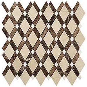GlassTile DiamondSeries DS-56 CremaMarfilBigDiamond-EmprDarkStripes-ThassosWhiteDots