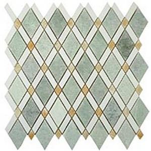 GlassTile DiamondSeries DS-58 MingGreenLightBigDiamond-ThassosWhiteStripes-HoneyOnyxSmallDiamonds