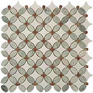 GlassTile FlowerSeries FS-72 MingGreenOval-RedDots-ThassosWhiteBase