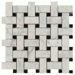 NaturalStone DaintreeExoticMosaics-Basketweave F541P BiancoCarraraWithNeroDot